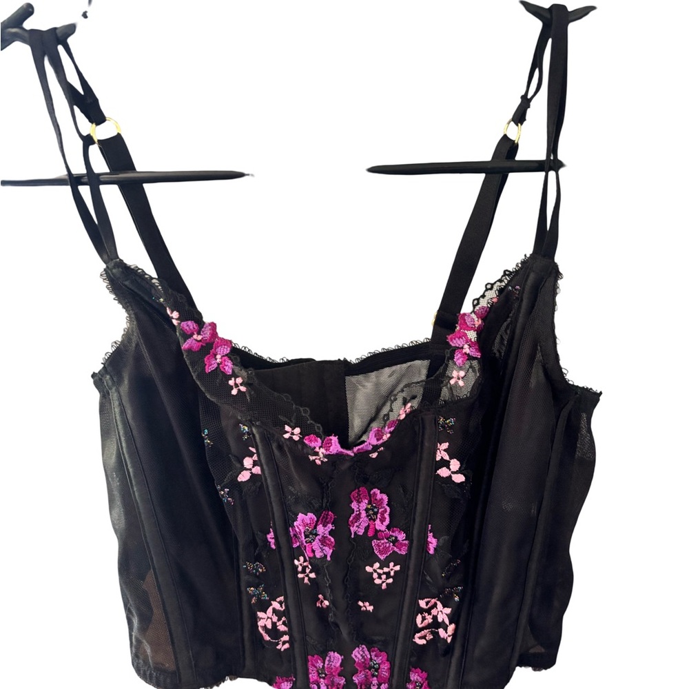 Black Bustier with Pink Floral Embroidery